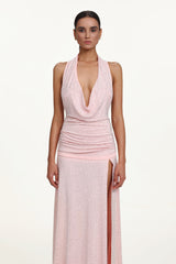 Hoshi Chic Contour Halter Deep V Ruched Crystal Maxi Dress