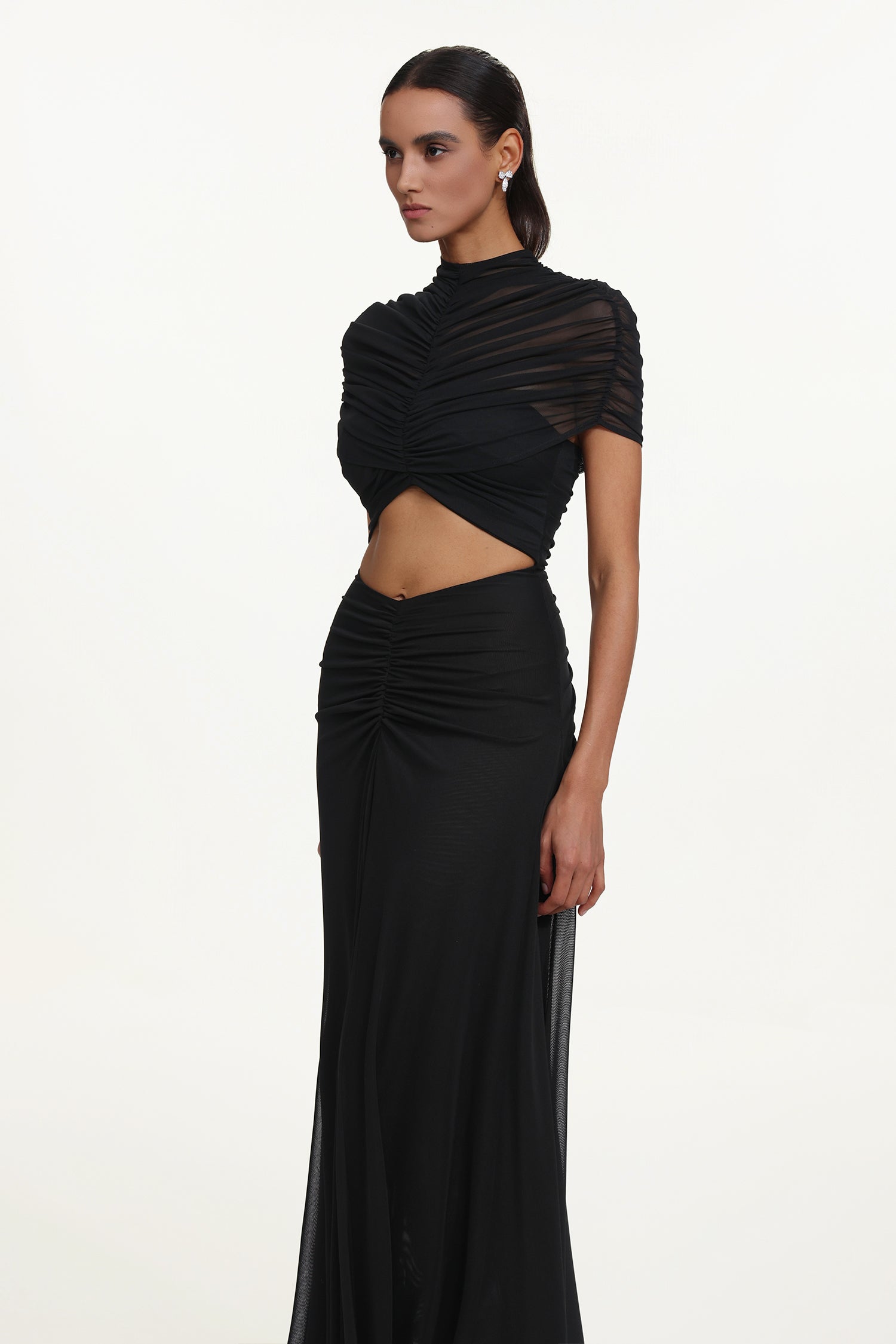 Iaka Chic Contour Sleeveless Cut Out Ruched Mesh Maxi Dress