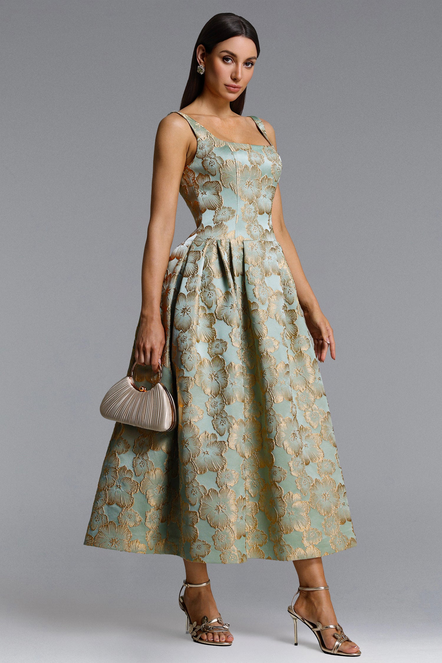 Kerta Elegant Tailored Square Neck Jacquard Pleated Floral Maxi Dress