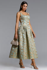 Kerta Elegant Tailored Square Neck Jacquard Pleated Floral Maxi Dress