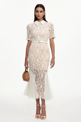 Selly Elegant Contour Short Sleeve Rhinestone Floral Lace Woven Maxi Dress