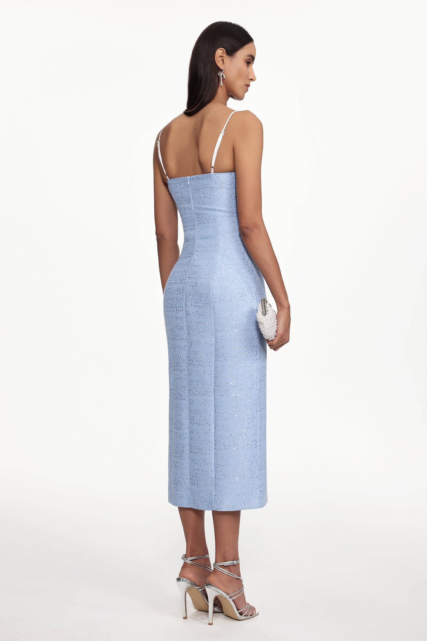 Yvan Classic Cinched Waist Sleeveless Buttoned Lace Tweed Maxi Dress