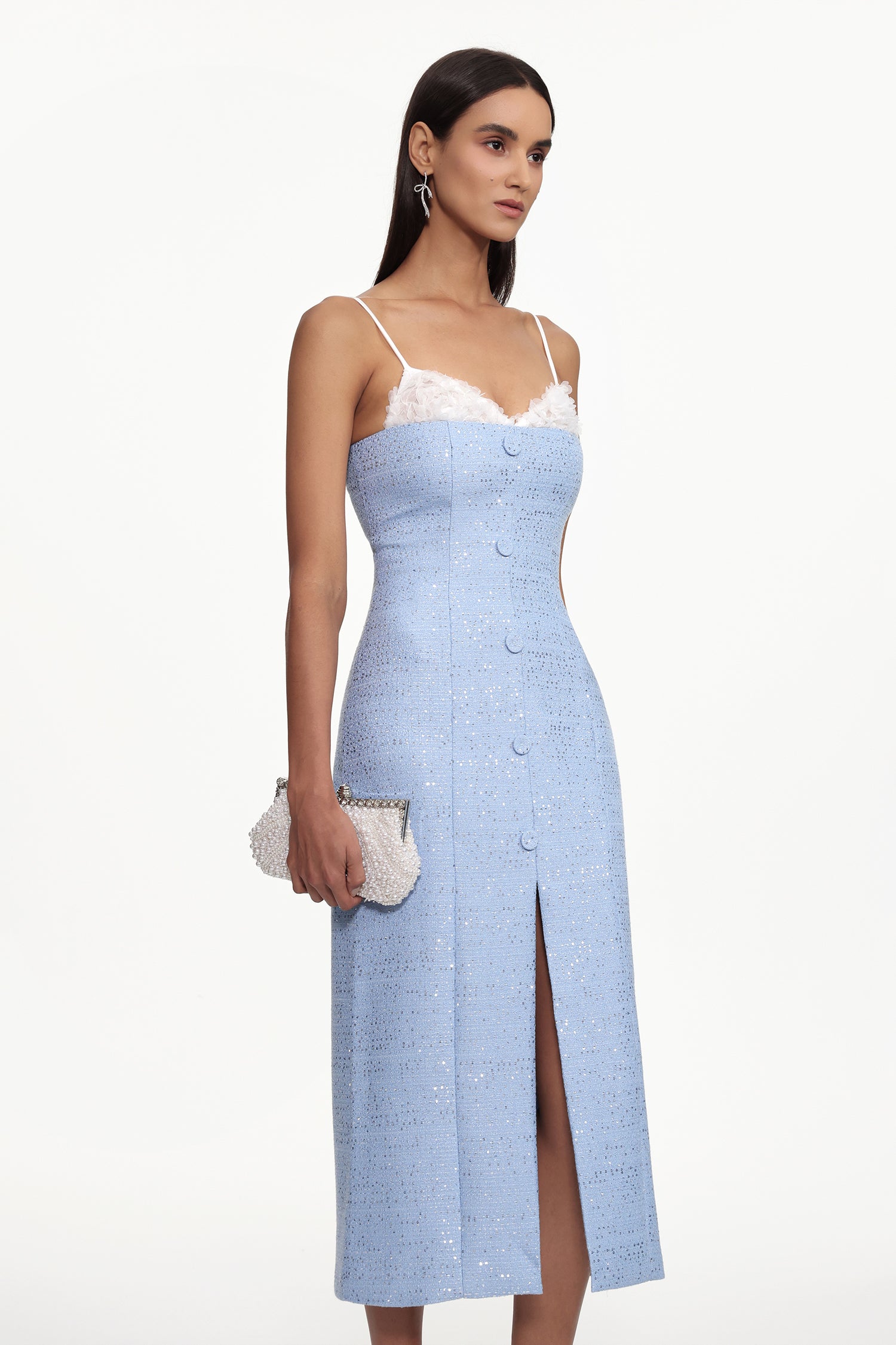 Yvan Classic Cinched Waist Sleeveless Buttoned Lace Tweed Maxi Dress