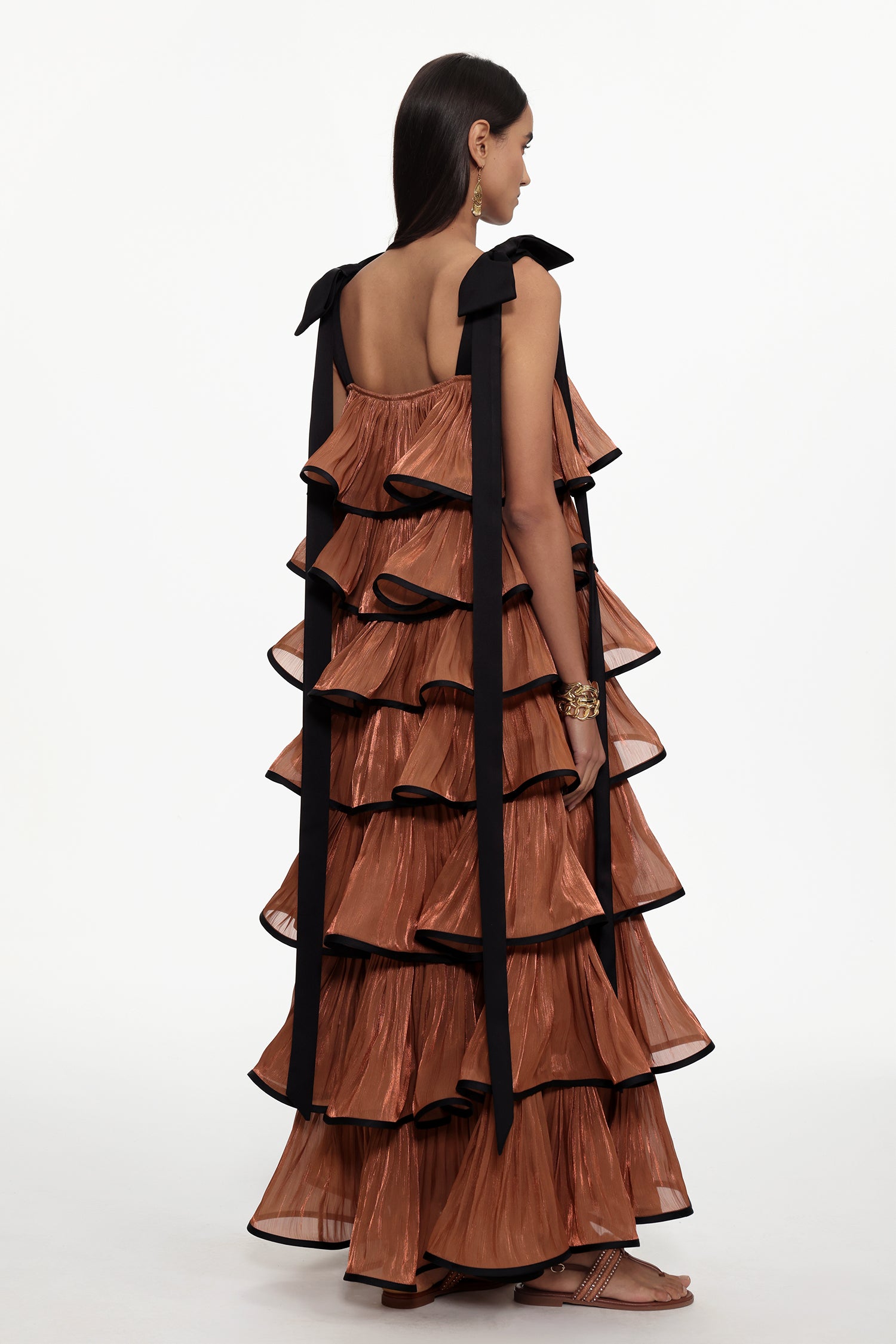 Uareni Resort Flowy Bow Strap Pleated Organza Maxi Dress
