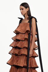 Uareni Resort Flowy Bow Strap Pleated Organza Maxi Dress