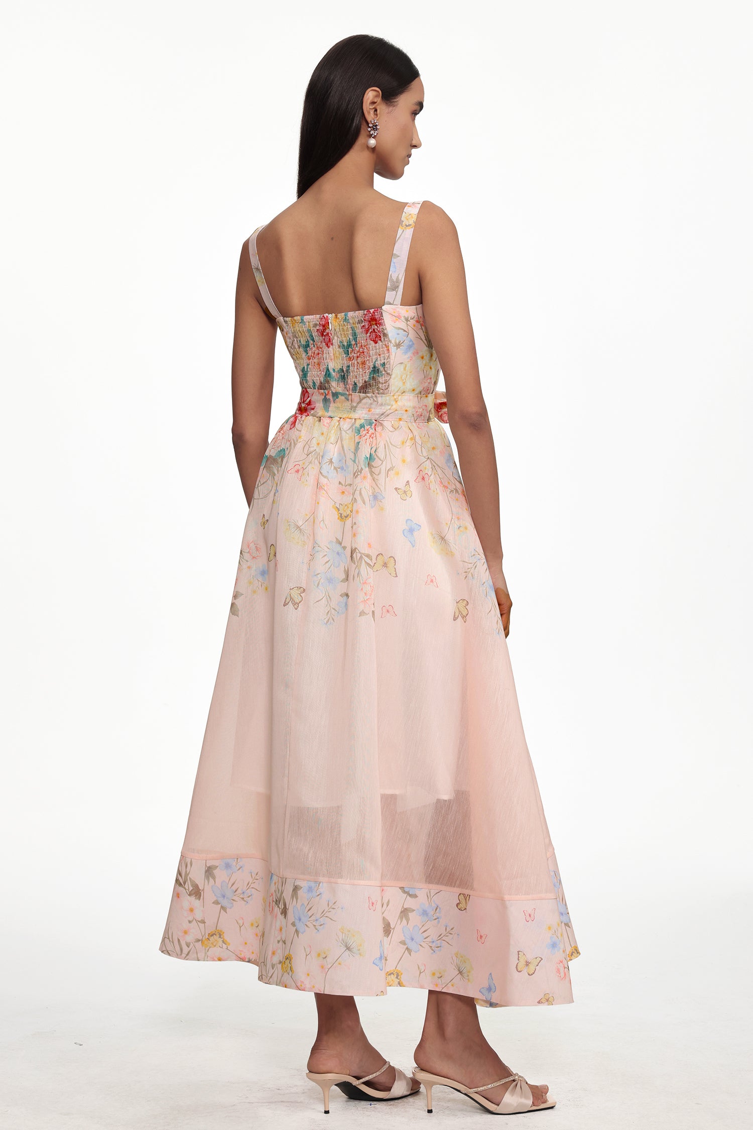 Takila Resort Cinched Sleeveless Butterfly Floral Print Woven Maxi Dress