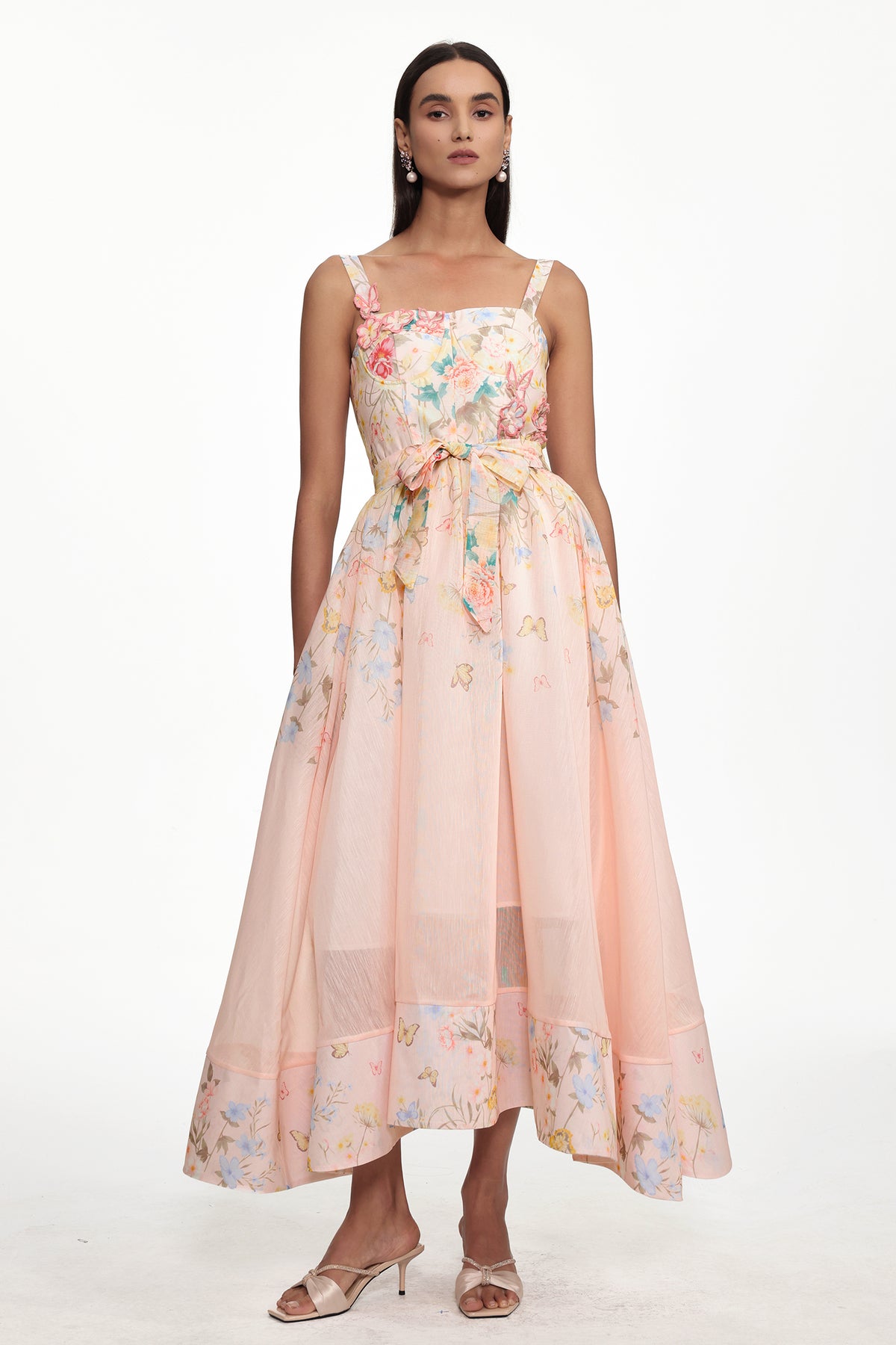 Takila Resort Cinched Sleeveless Butterfly Floral Print Woven Maxi Dress