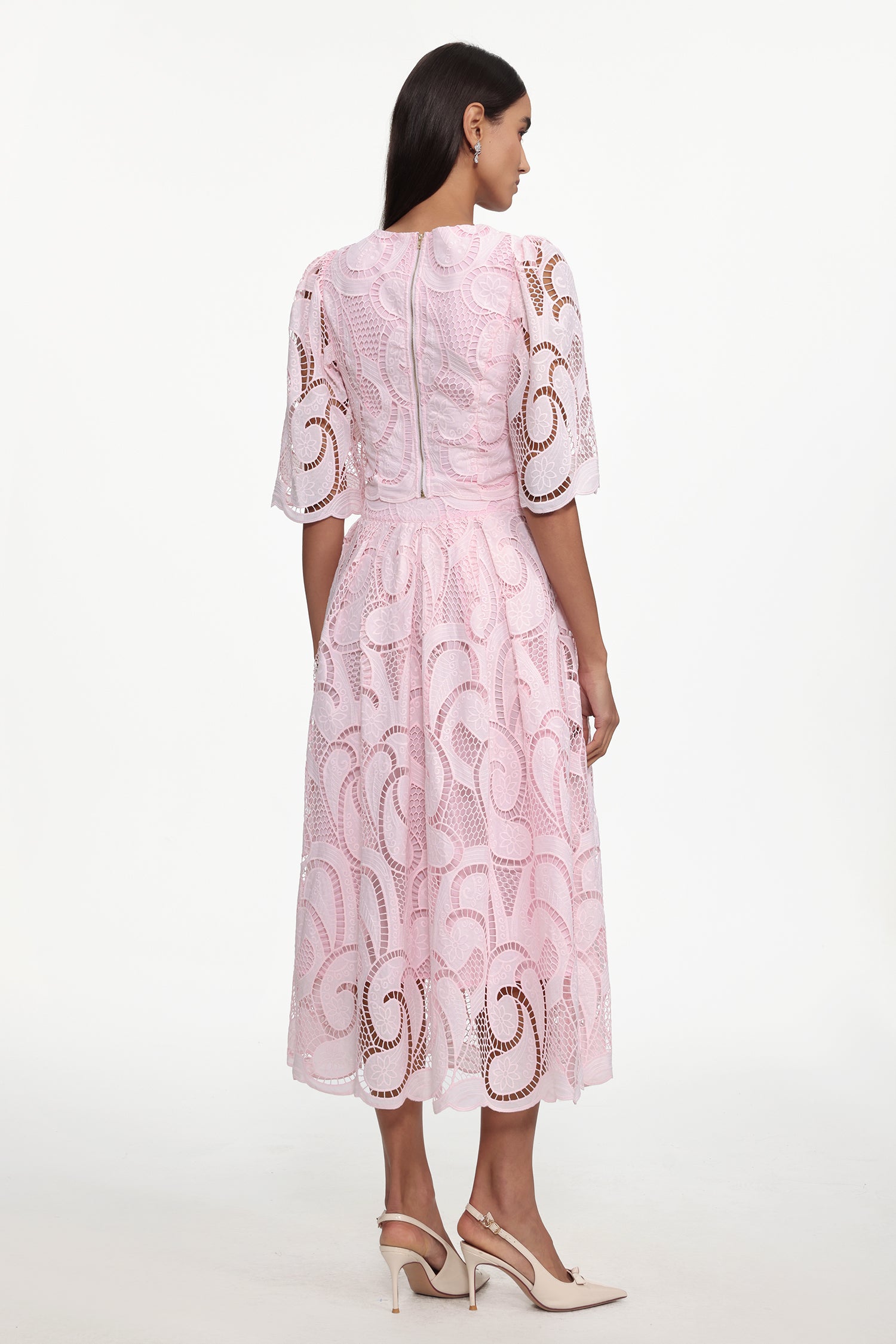 Ogani Resort Flowy Round Neck Short Sleeve Lace Woven Top and Skirt Set