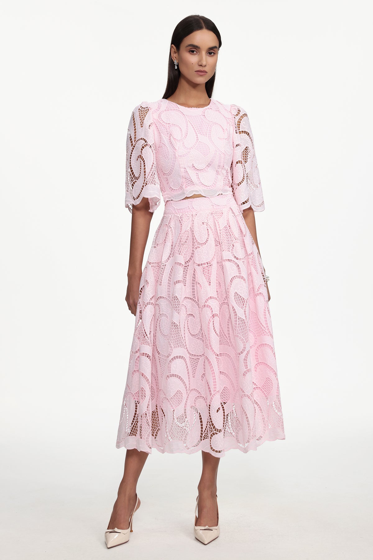 Ogani Resort Flowy Round Neck Short Sleeve Lace Woven Top and Skirt Set