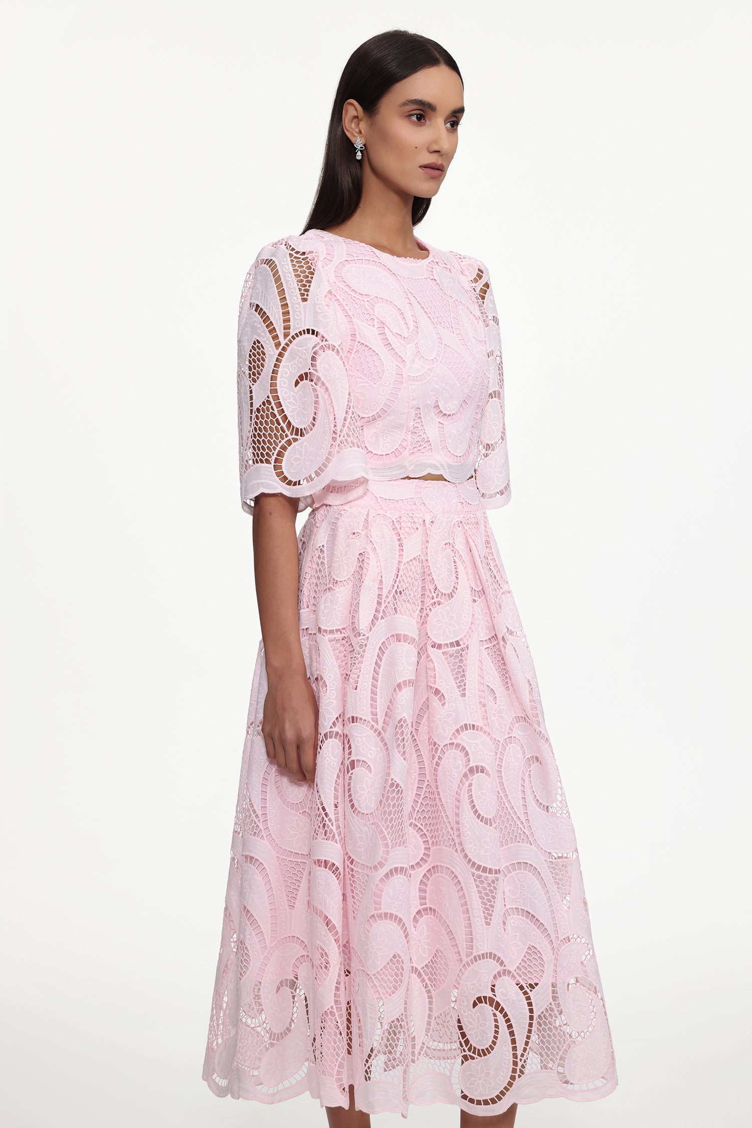 Ogani Resort Flowy Round Neck Short Sleeve Lace Woven Top and Skirt Set