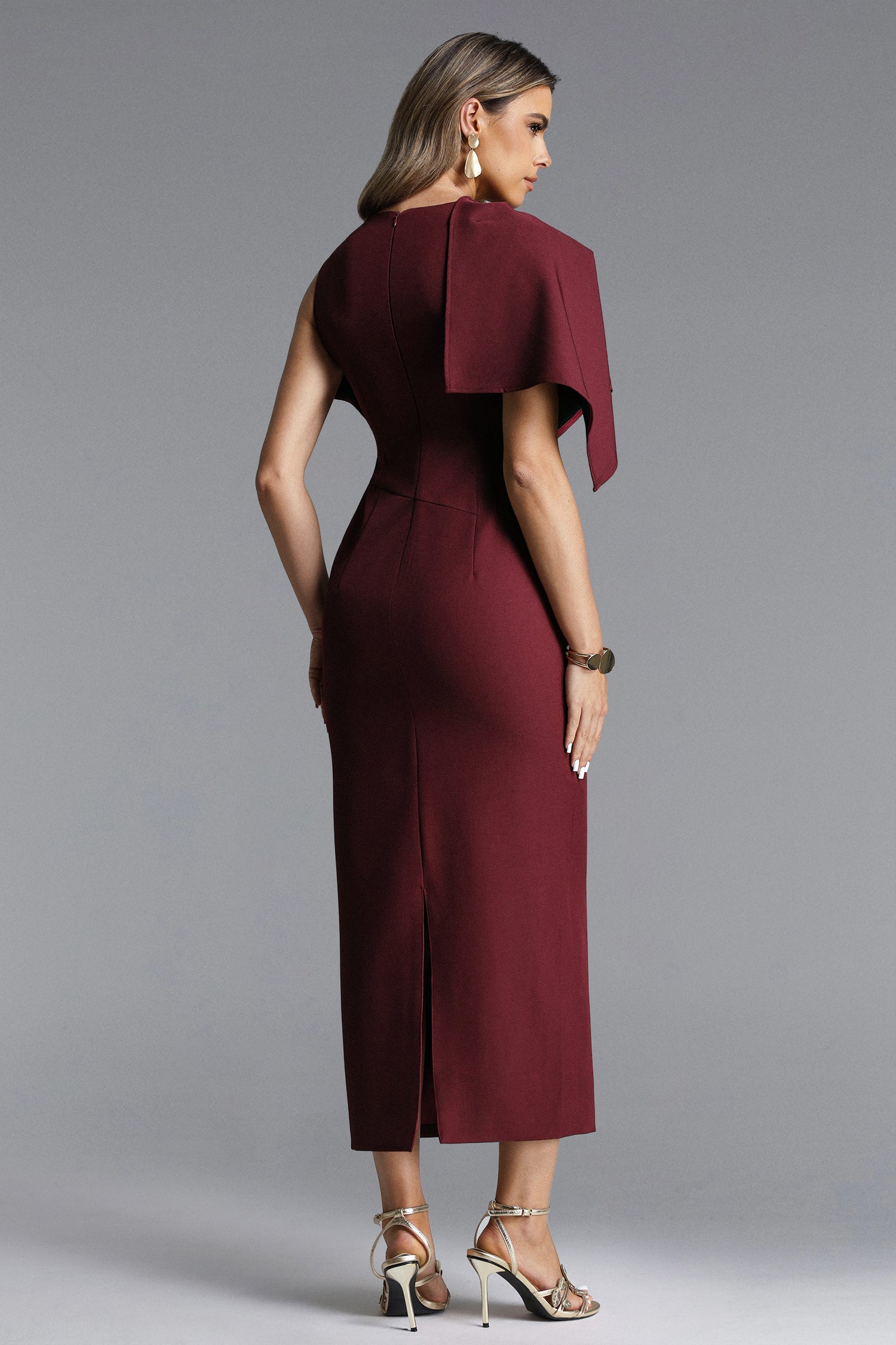 Ferean Elegant Tailored Short Sleeve Asymmetric Drape Maxi Dress