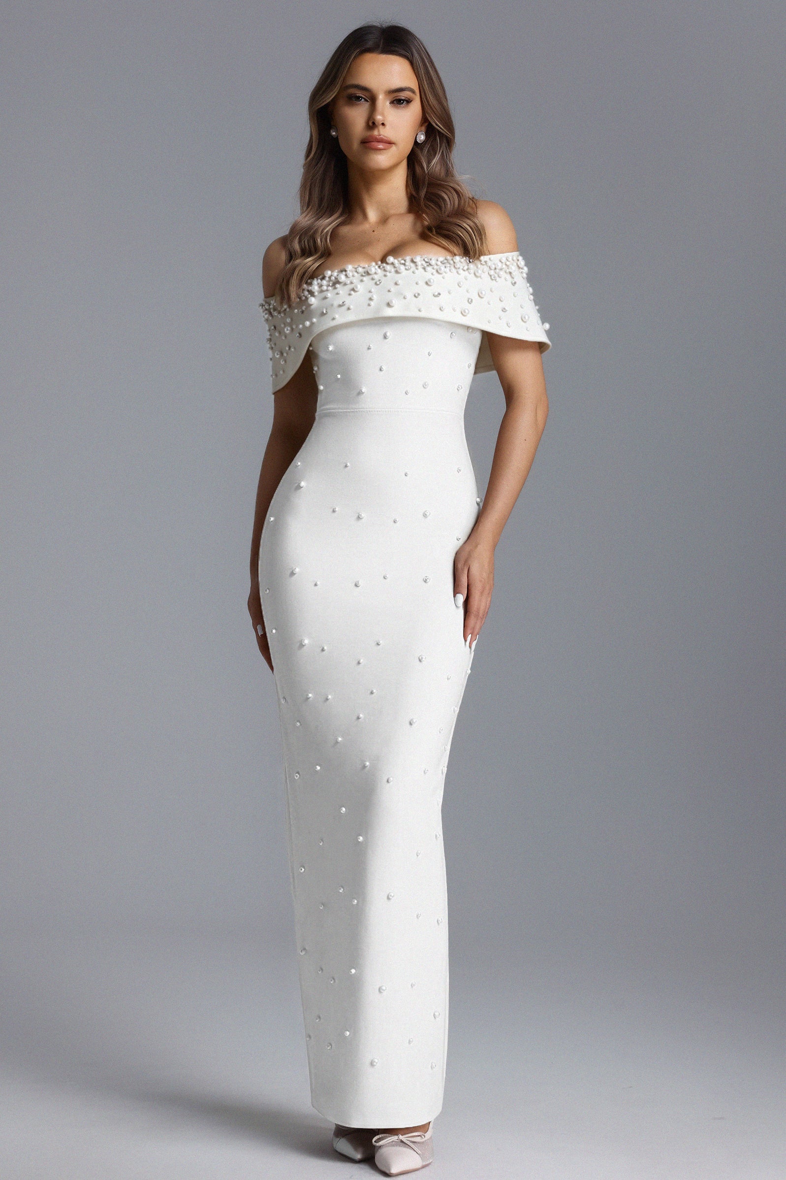 Isme Elegant Contour Off Shoulder Pearl Rhinestone Bandage White Maxi Dress