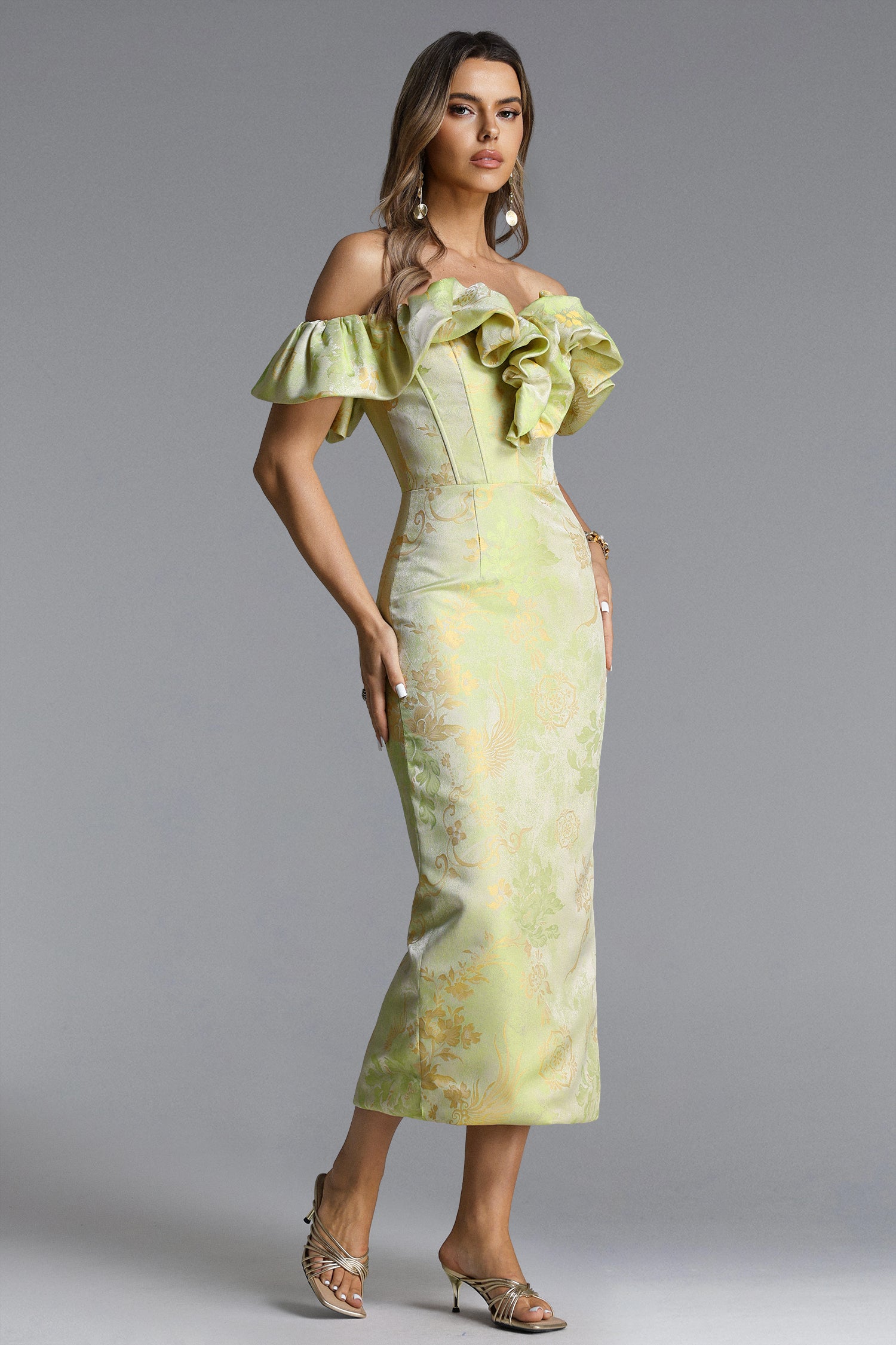 Rafaela Romantic Tailored Off Shoulder Ruffle Floral Print Maxi Dress