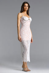 Dixi Romantic Contour Cut Out Rhinestone Lace White Maxi Dress