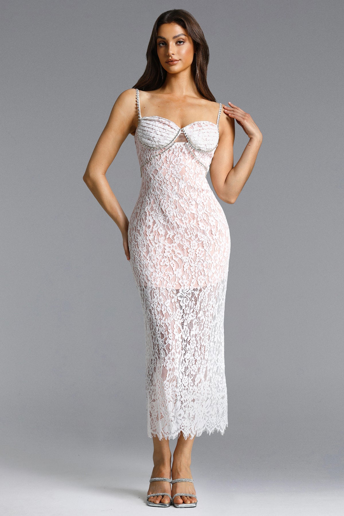 Dixi Romantic Contour Cut Out Rhinestone Lace White Maxi Dress