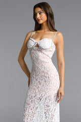 Dixi Romantic Contour Cut Out Rhinestone Lace White Maxi Dress