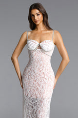 Dixi Romantic Contour Cut Out Rhinestone Lace White Maxi Dress