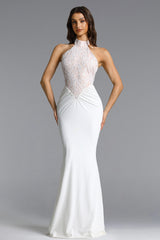 Fahrenheit Elegant Contour Halter Ruched Lace Maxi Dress