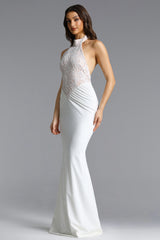 Fahrenheit Elegant Contour Halter Ruched Lace Maxi Dress