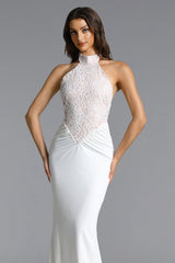 Fahrenheit Elegant Contour Halter Ruched Lace Maxi Dress