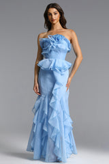 Deirdre Romantic Flowy Strapless Asymmetric Ruffle Floral Maxi Dress