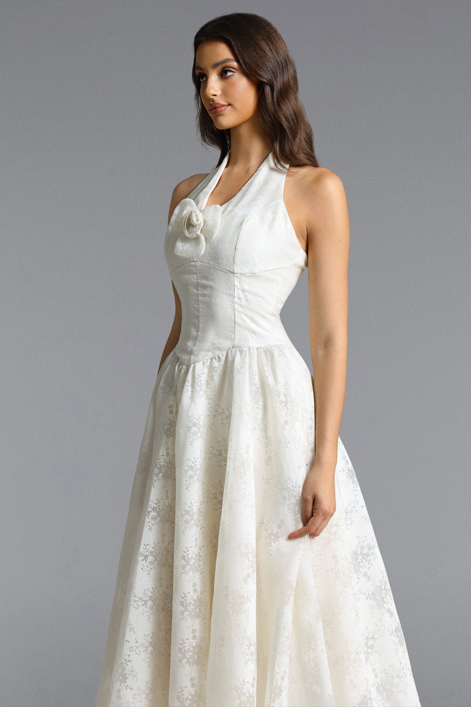 Delaney Romantic Tailored Halter Floral Jacquard White Maxi Dress