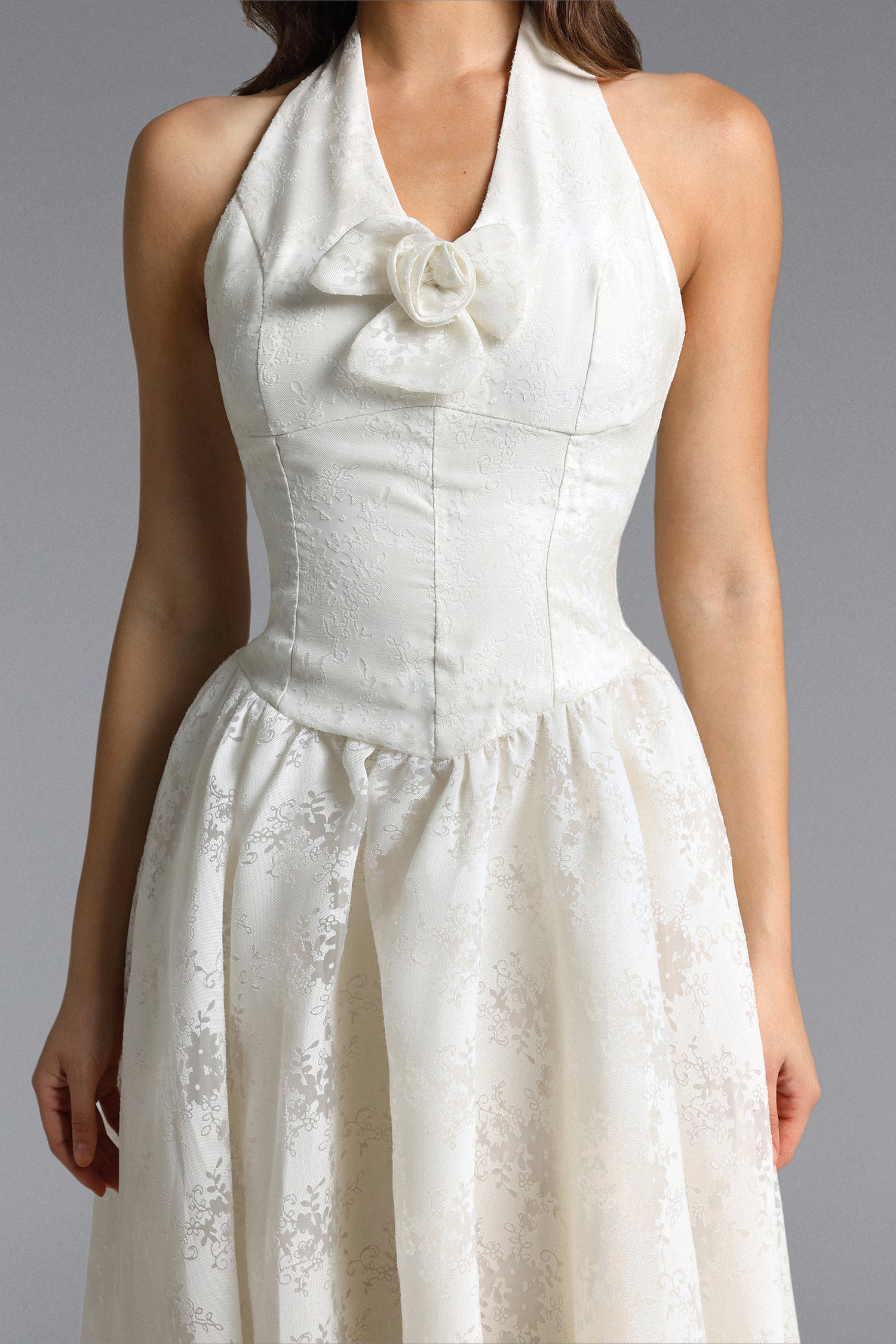 Delaney Romantic Tailored Halter Floral Jacquard White Maxi Dress
