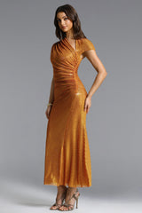 Pora Chic Contour Asymmetric Ruched Crystal Knit Maxi Dress