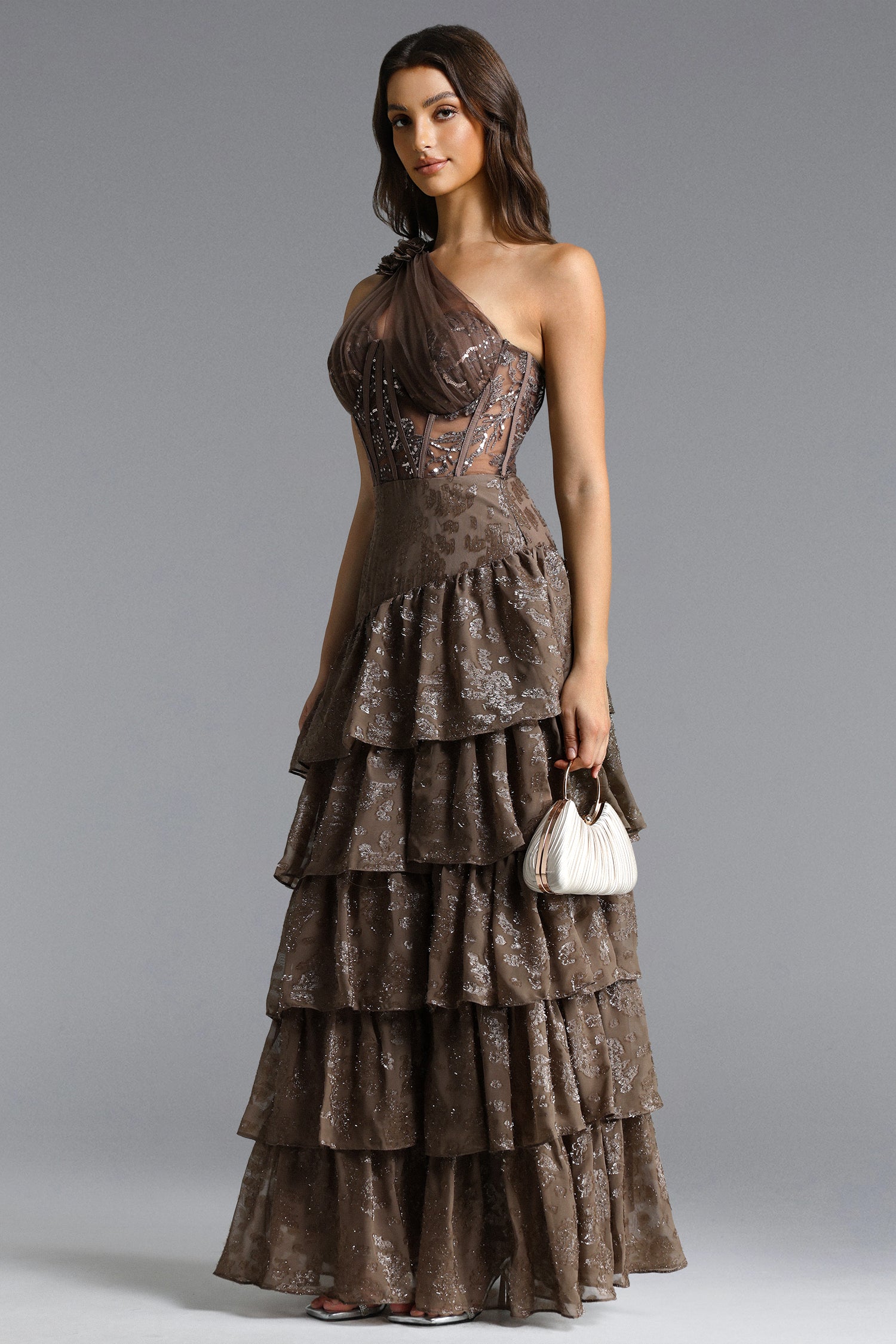 Hedar Romantic Tailored One Shoulder Cut Out Ruffle Embellished Sequin Maxi Dress