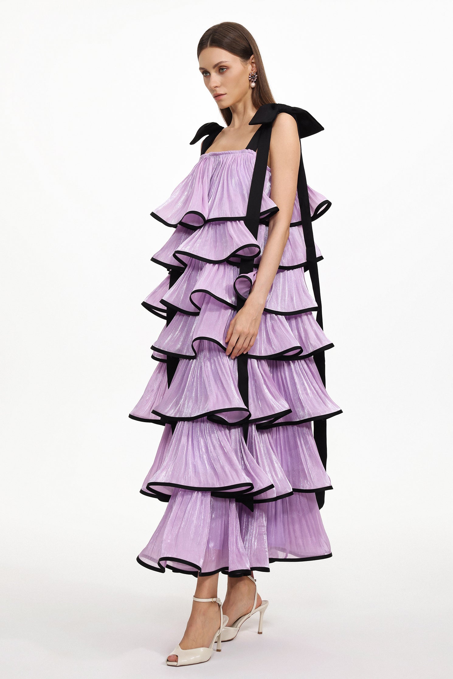 Uareni Resort Flowy Bow Strap Pleated Organza Maxi Dress
