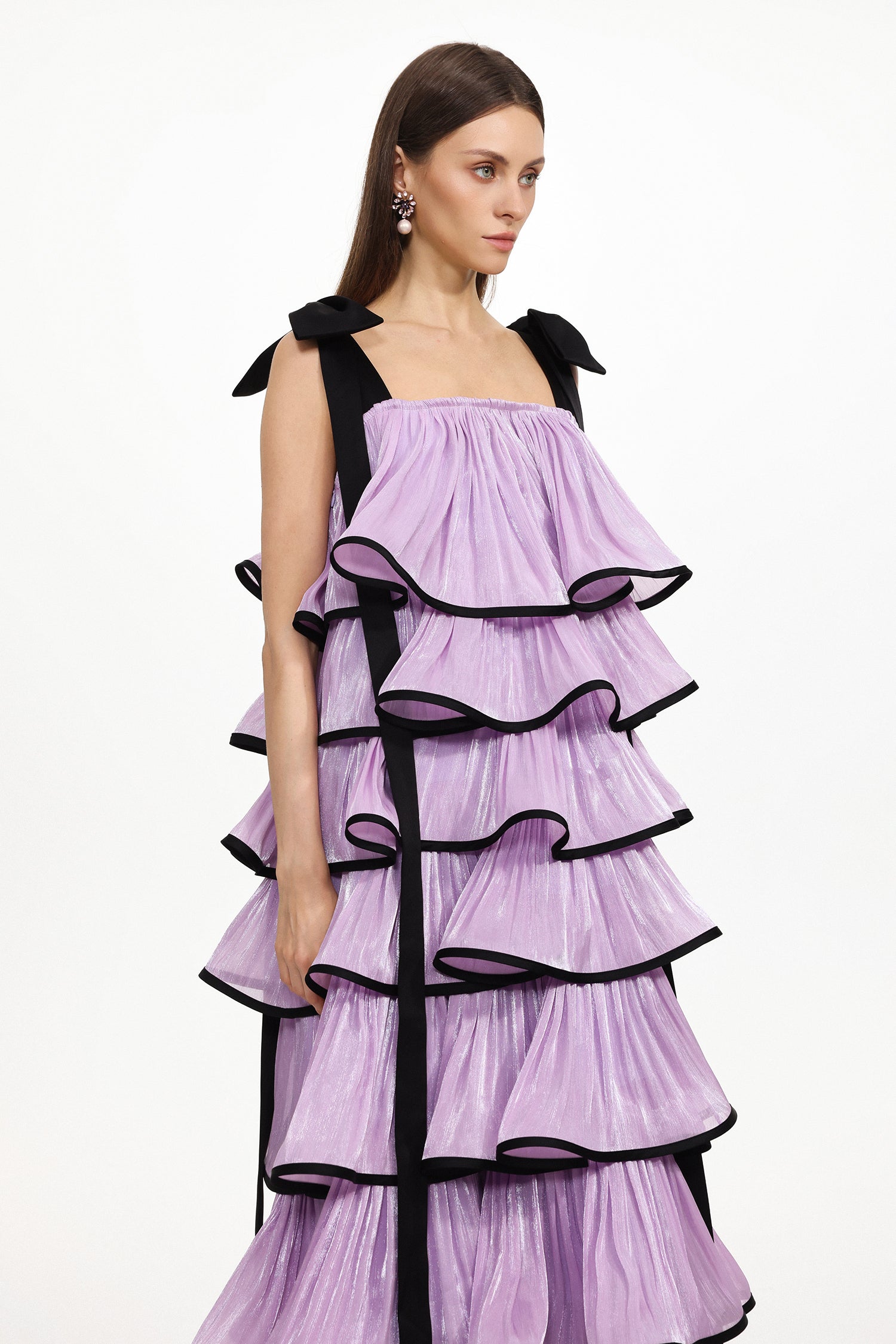 Uareni Resort Flowy Bow Strap Pleated Organza Maxi Dress