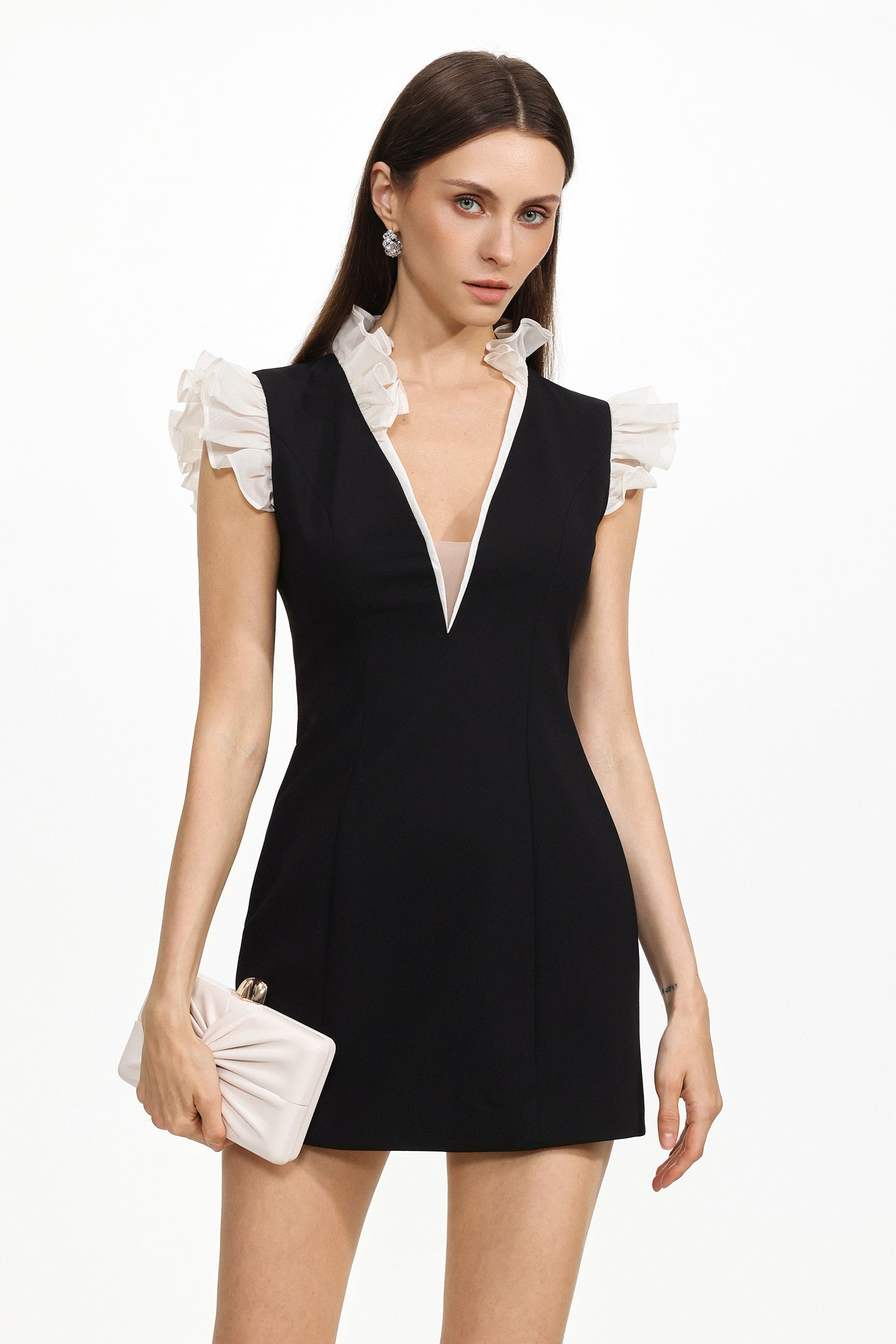Niki Elegant Tailored V Neck Sleeveless Ruffle Woven Mini Dress