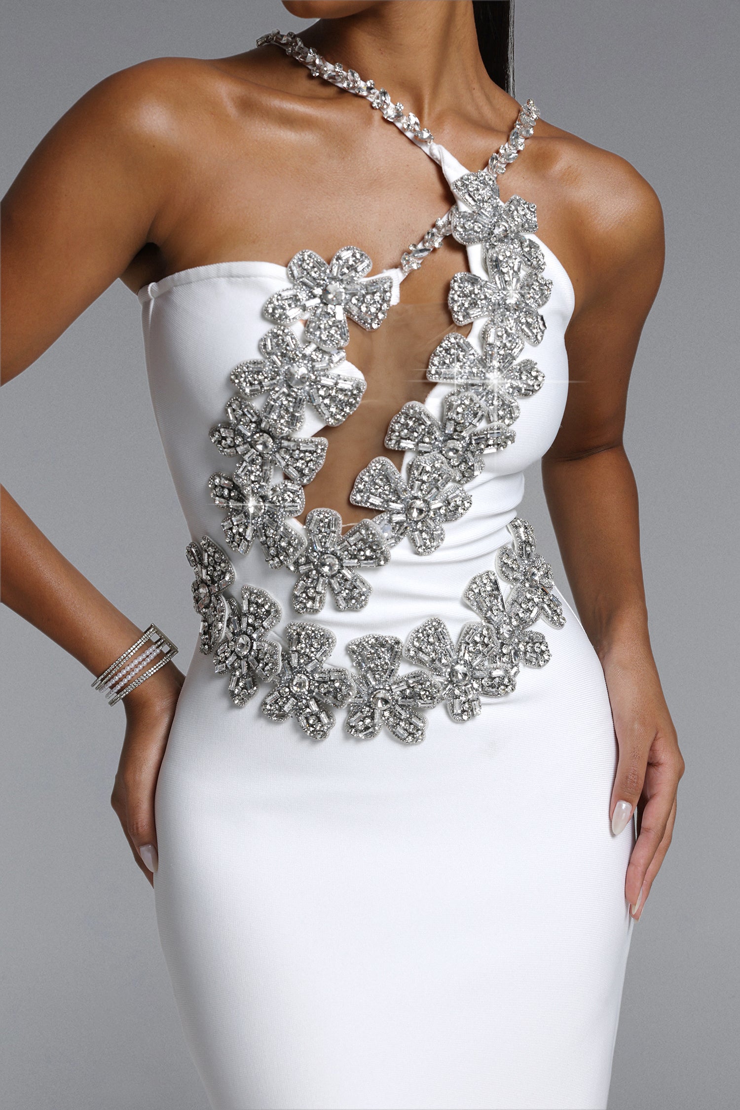 Veronic Glamorous Contour Halter Cut Out Rhinestone Floral Bandage Maxi Dress
