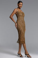 Gricely Elegant Contour Sleeveless Ruched Lace Midi Dress