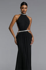 Evelina Chic Flowy Halter Open Back Ruched Maxi Dress