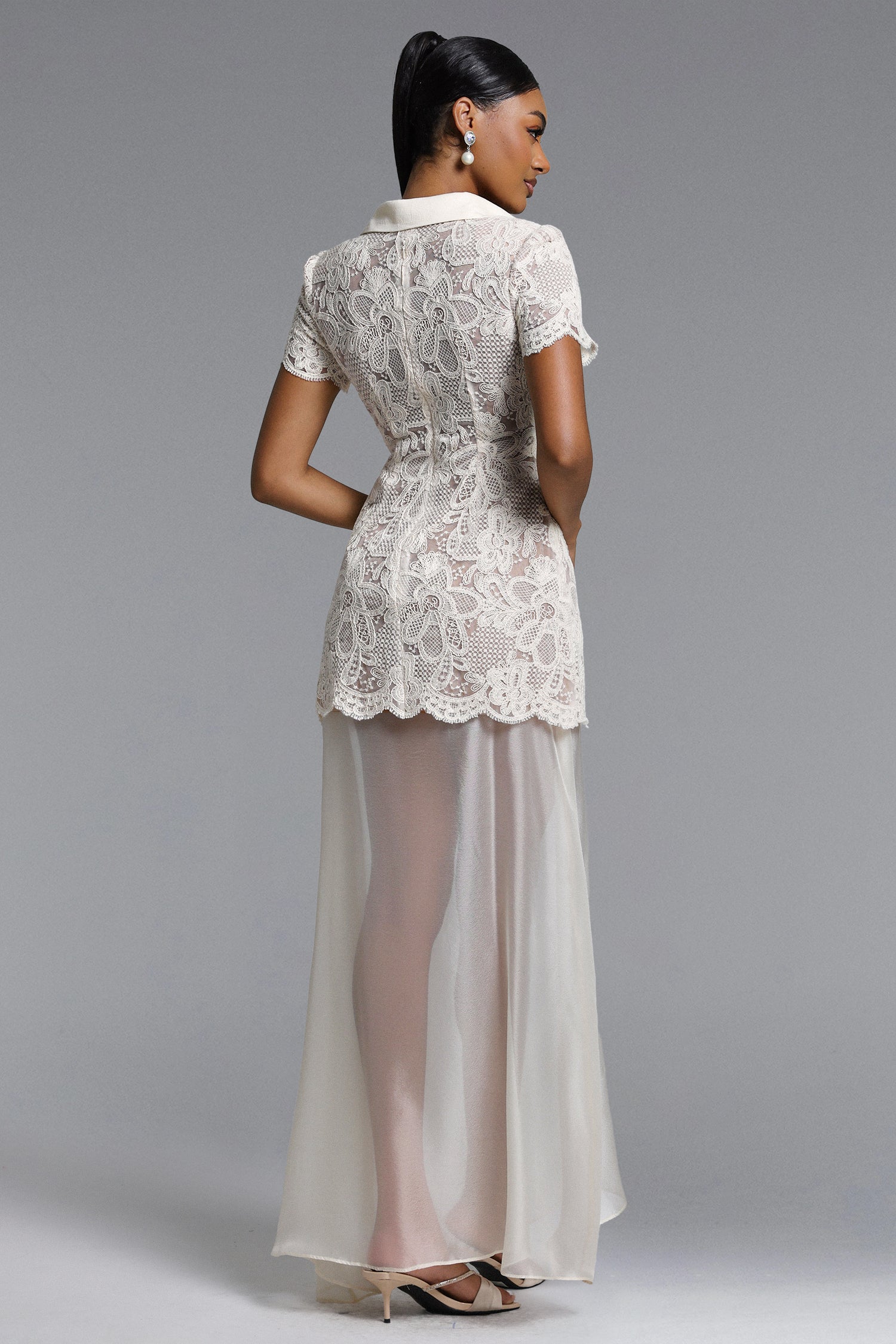 Locia Elegant Contour Buttoned Short Sleeve Lace Top and Satin Skirt