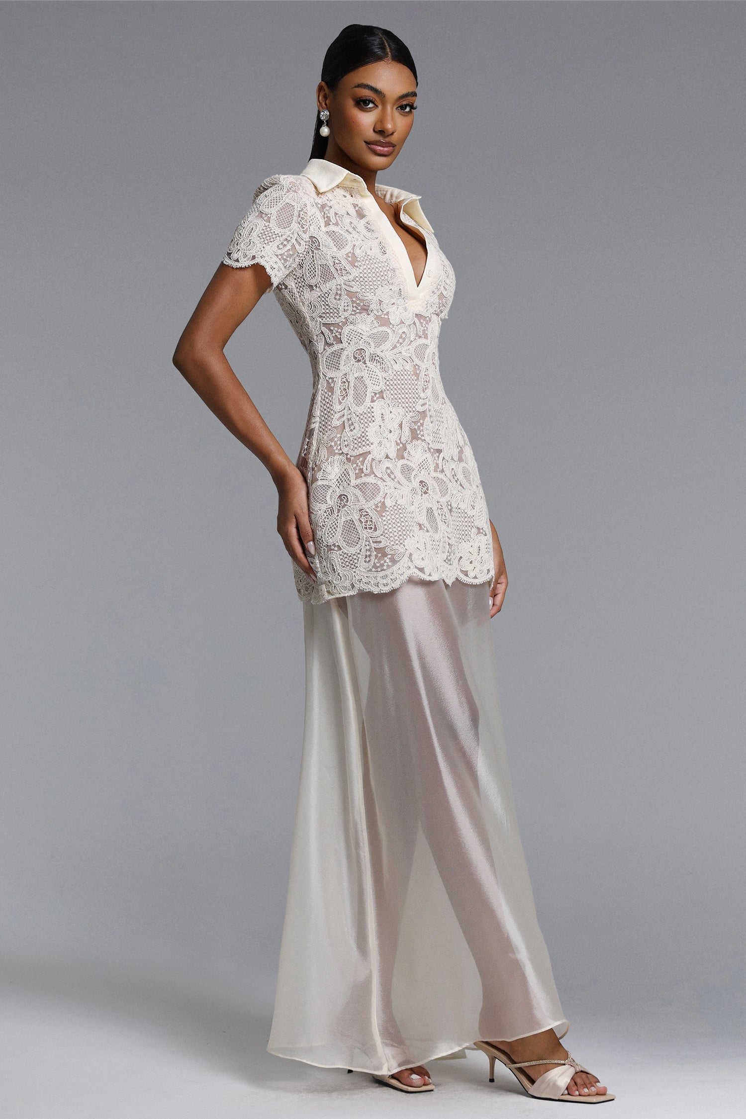 Locia Elegant Contour Buttoned Short Sleeve Lace Top and Satin Skirt