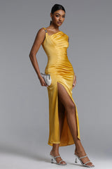 Marcella Chic Contour Asymmetrical Pleated Satin Maxi Dress