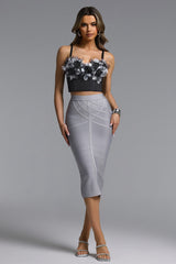 Vara Classic Contour Stripe Bandage Gray Midi Skirt