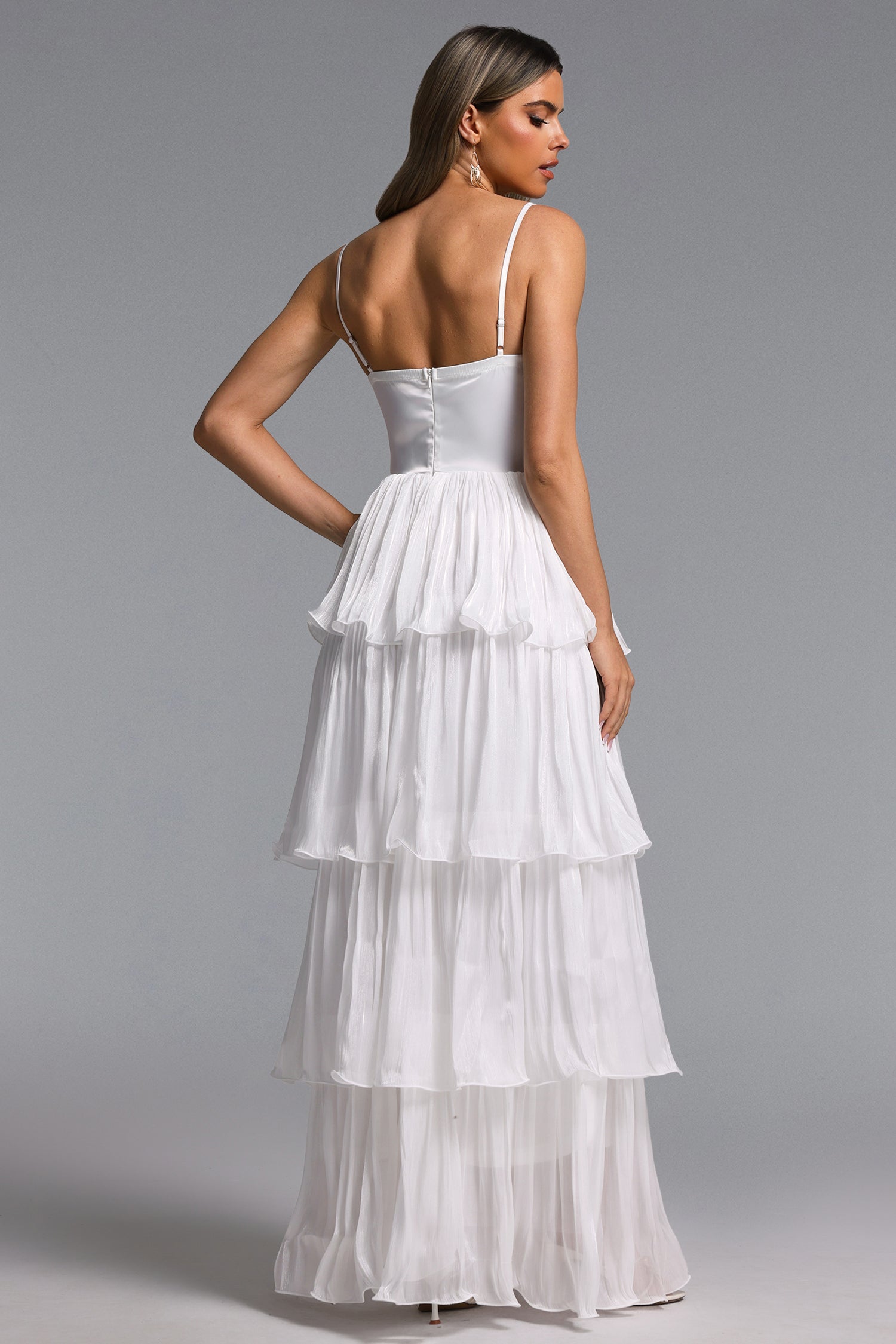 Slaia Elegant Flowy Cut Out Rhinestone Tiered Ruffle Maxi Dress