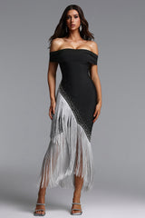 Tata Chic Contour Off Shoulder Fringe Bandage Maxi Dress