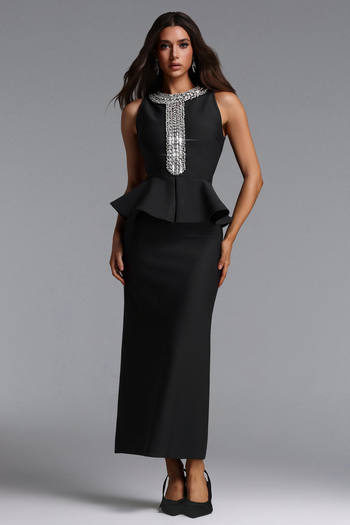 Sarna Elegant Contour Sleeveless Rhinestone Bandage Maxi Dress