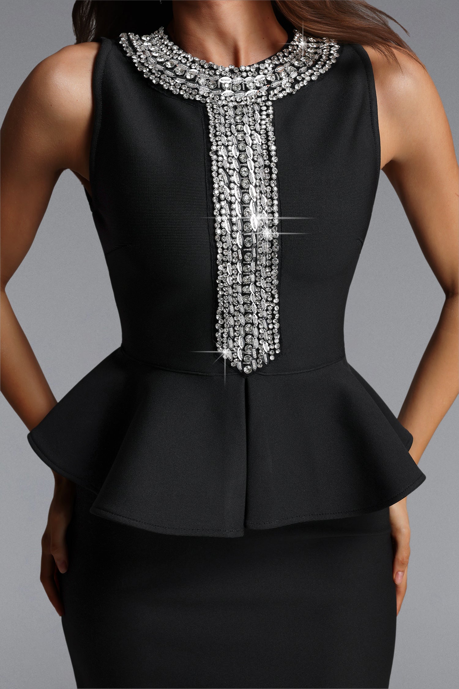 Sarna Elegant Contour Sleeveless Rhinestone Bandage Maxi Dress