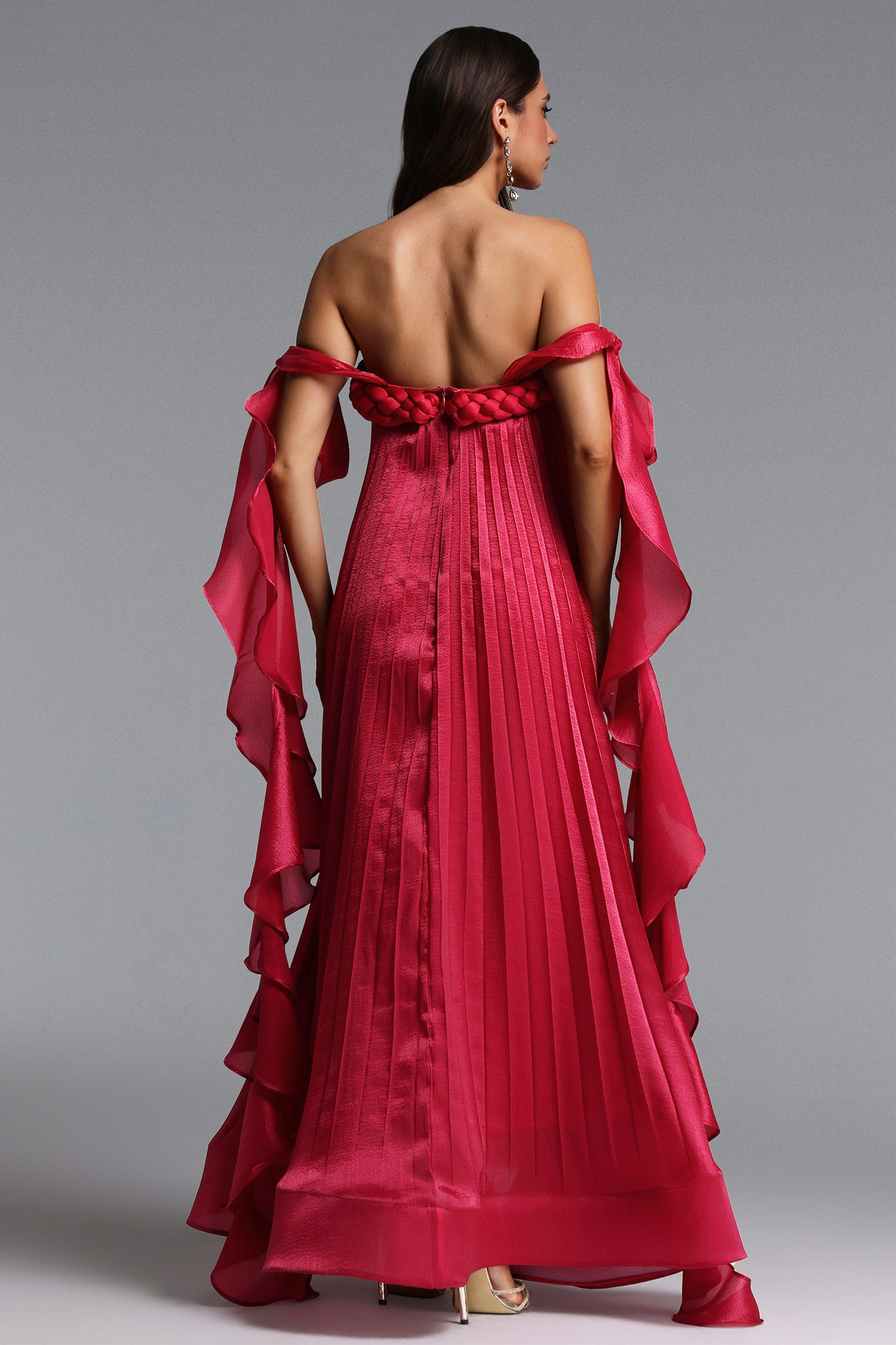 Parker Romantic Flowy Off Shoulder Braided Pleated Ruffle Maxi Dress