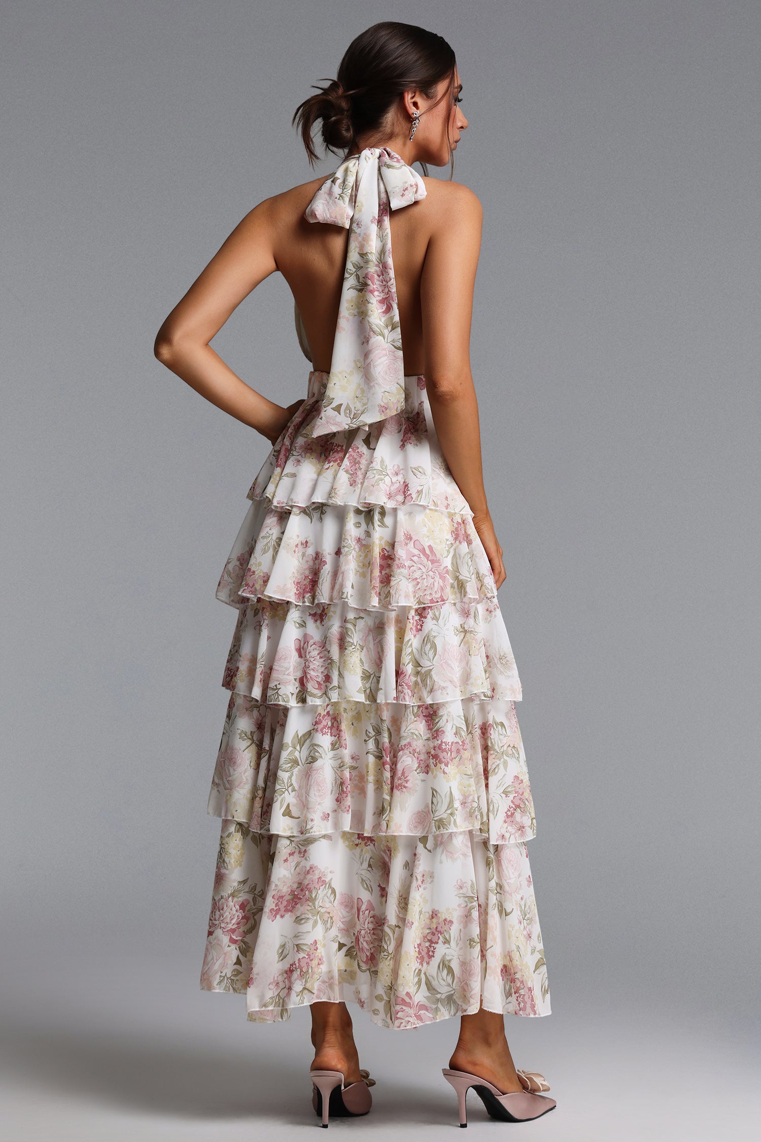Silas Romantic Flowy Halter Deep V Tiered Ruffle Floral Print Maxi Dress