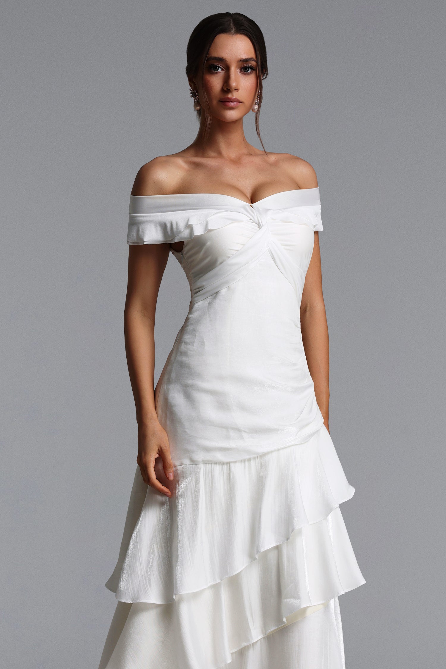 Tereza Elegant Contour Off Shoulder Twist Tiered Ruffle Maxi Dress