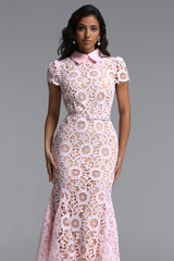 Felix Elegant Cinched Short Sleeve Floral Lace Maxi Dress