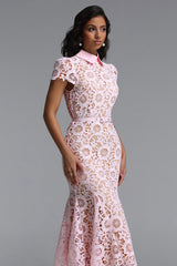 Felix Elegant Cinched Short Sleeve Floral Lace Maxi Dress
