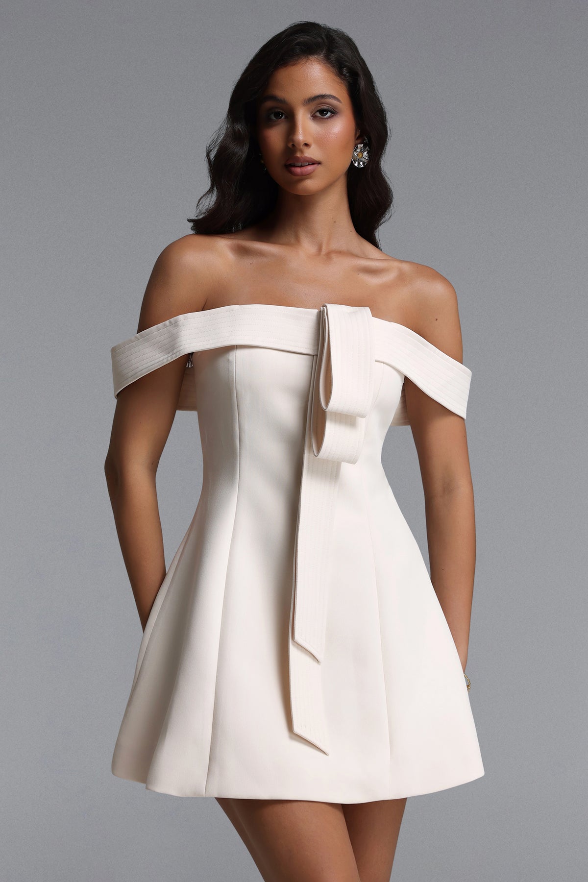 Morgan Chic Tailored Off Shoulder Woven Mini Dress