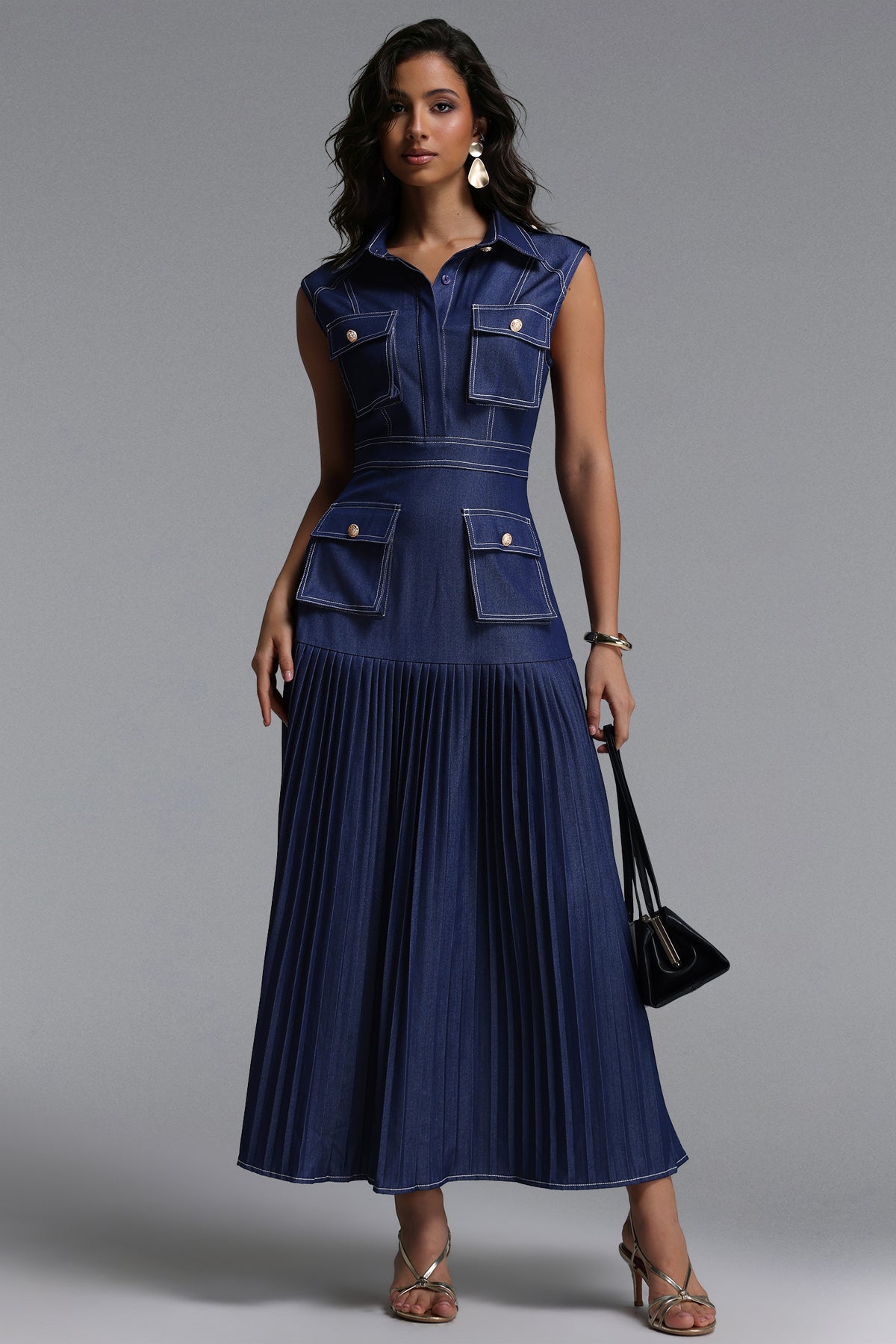 Jouy Elegant Tailored Sleeveless Pleated Denim Maxi Dress